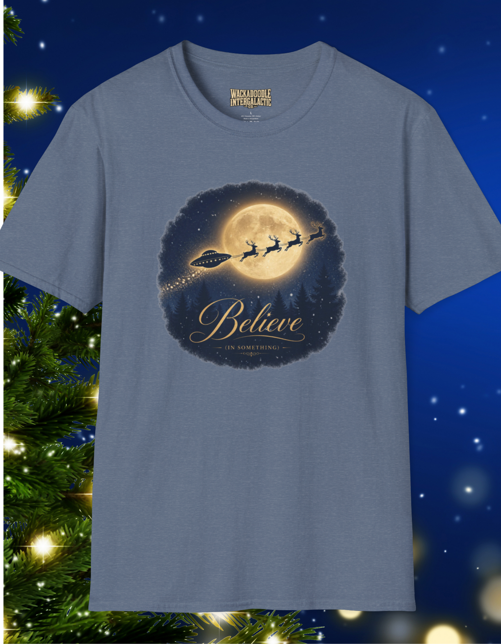 T-Shirt — 'Believe' Moon Santa & UFO Graphic Tee