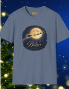 T-Shirt — 'Believe' Moon Santa & UFO Graphic Tee
