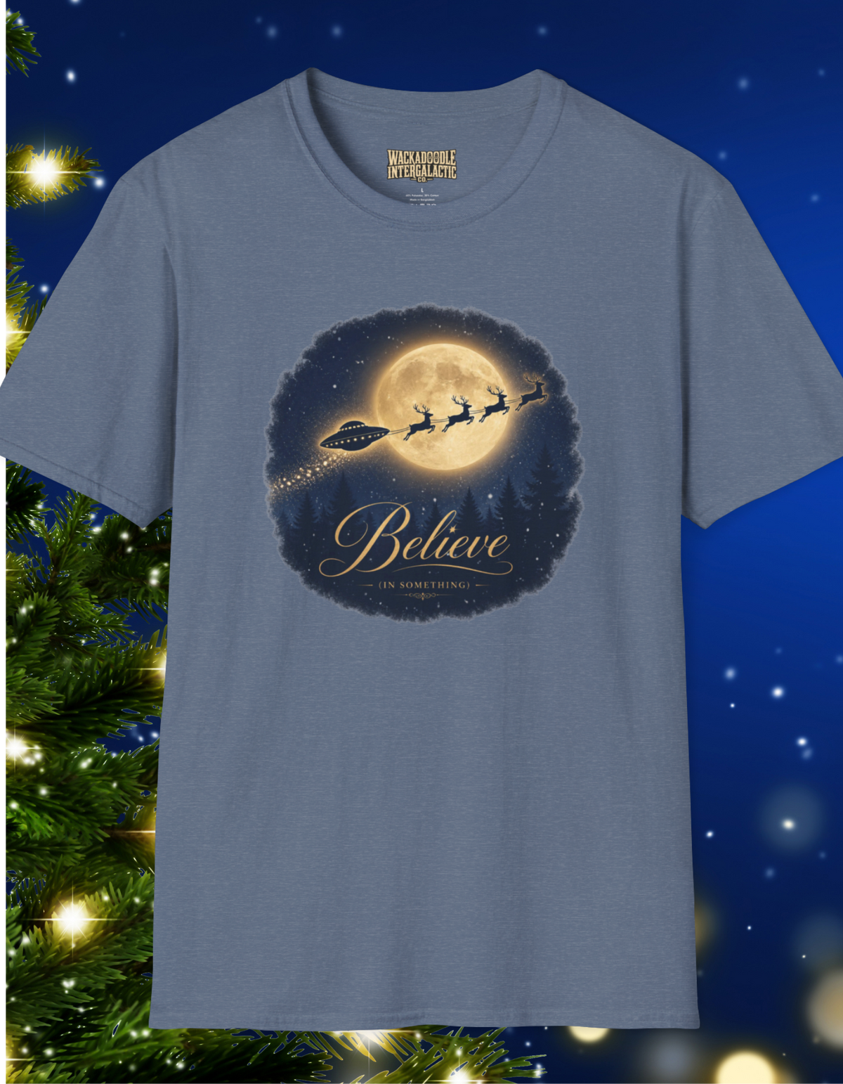 T-Shirt — 'Believe' Moon Santa & UFO Graphic Tee
