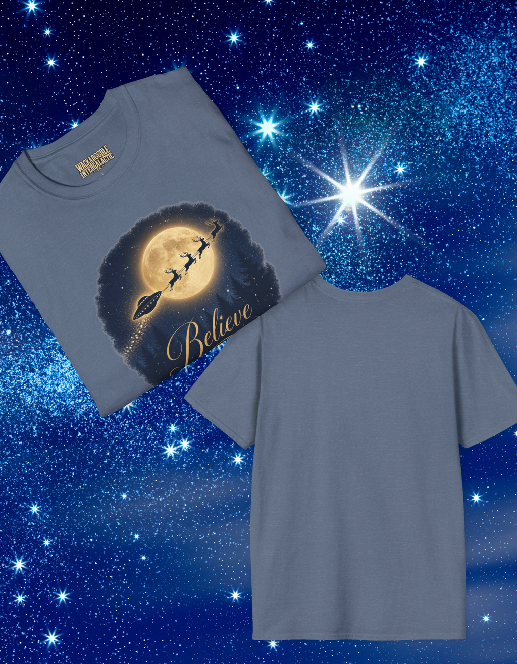 T-Shirt — 'Believe' Moon Santa & UFO Graphic Tee