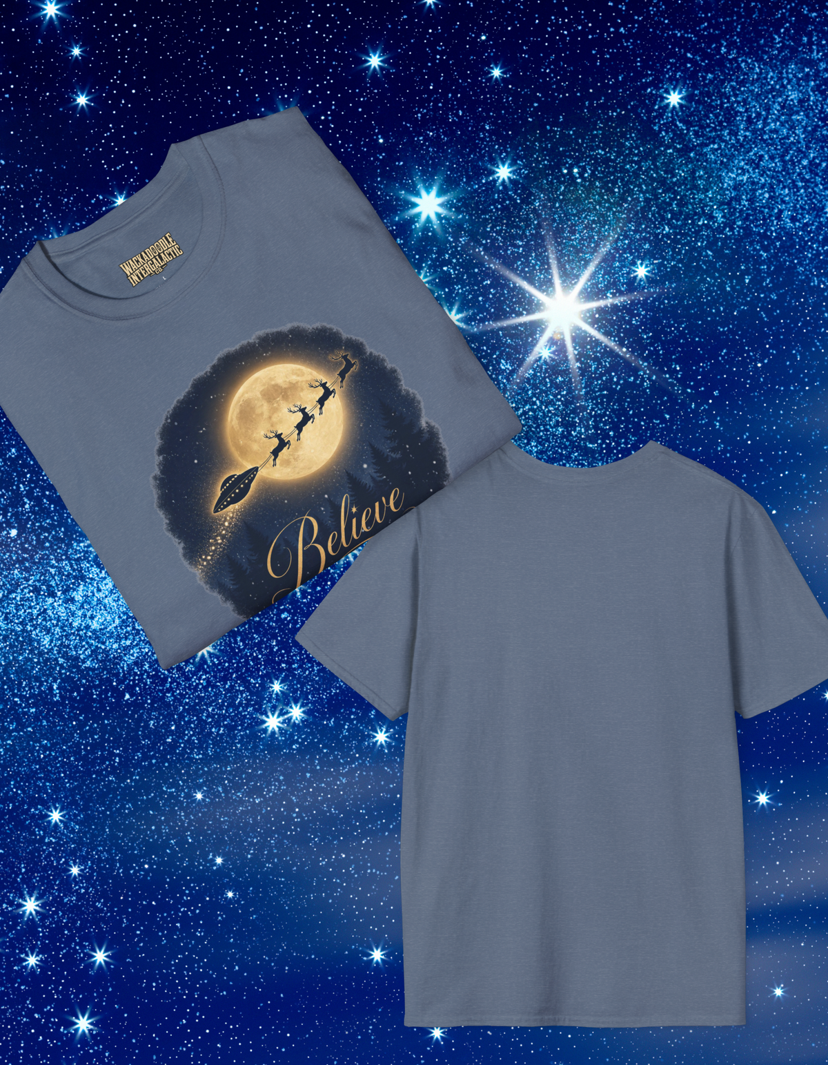 T-Shirt — 'Believe' Moon Santa & UFO Graphic Tee