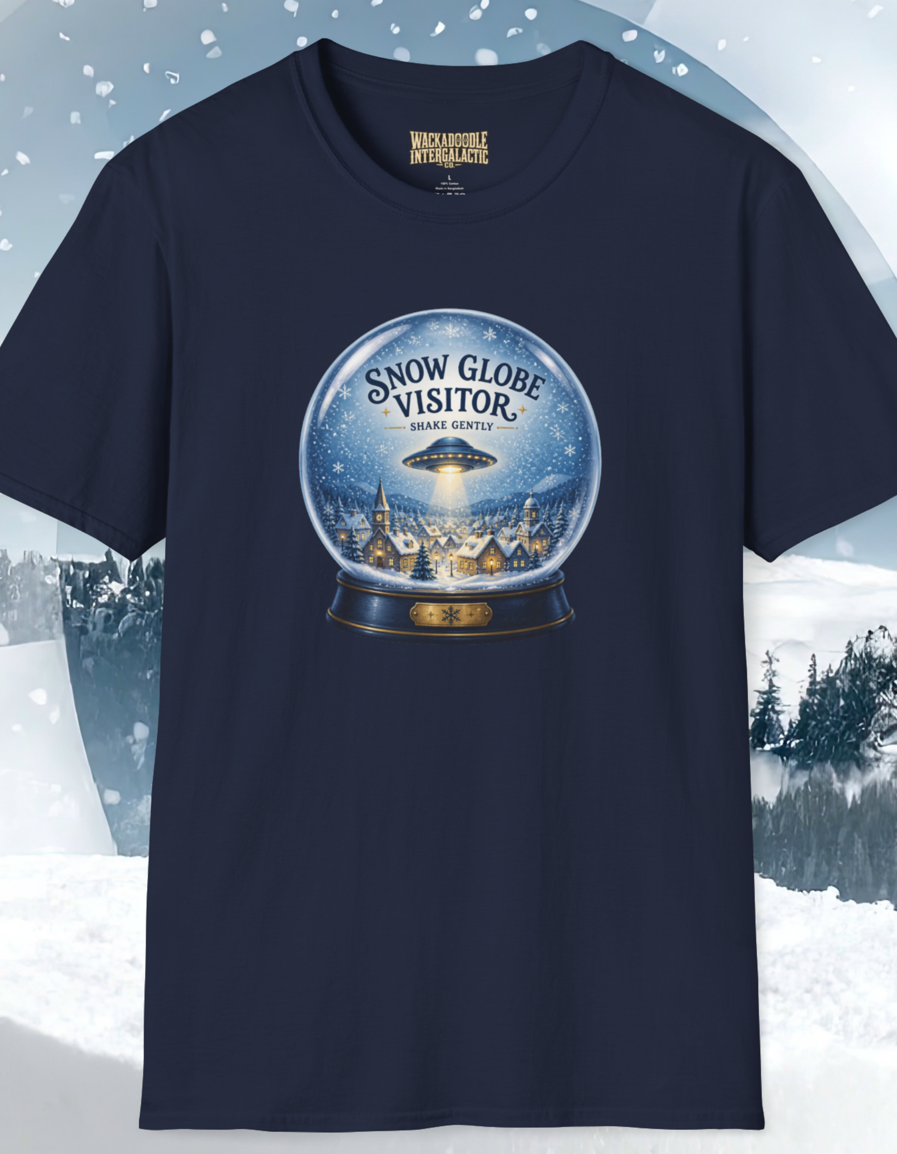 Snow Globe Visitor T-Shirt — Retro UFO Winter Scene Tee