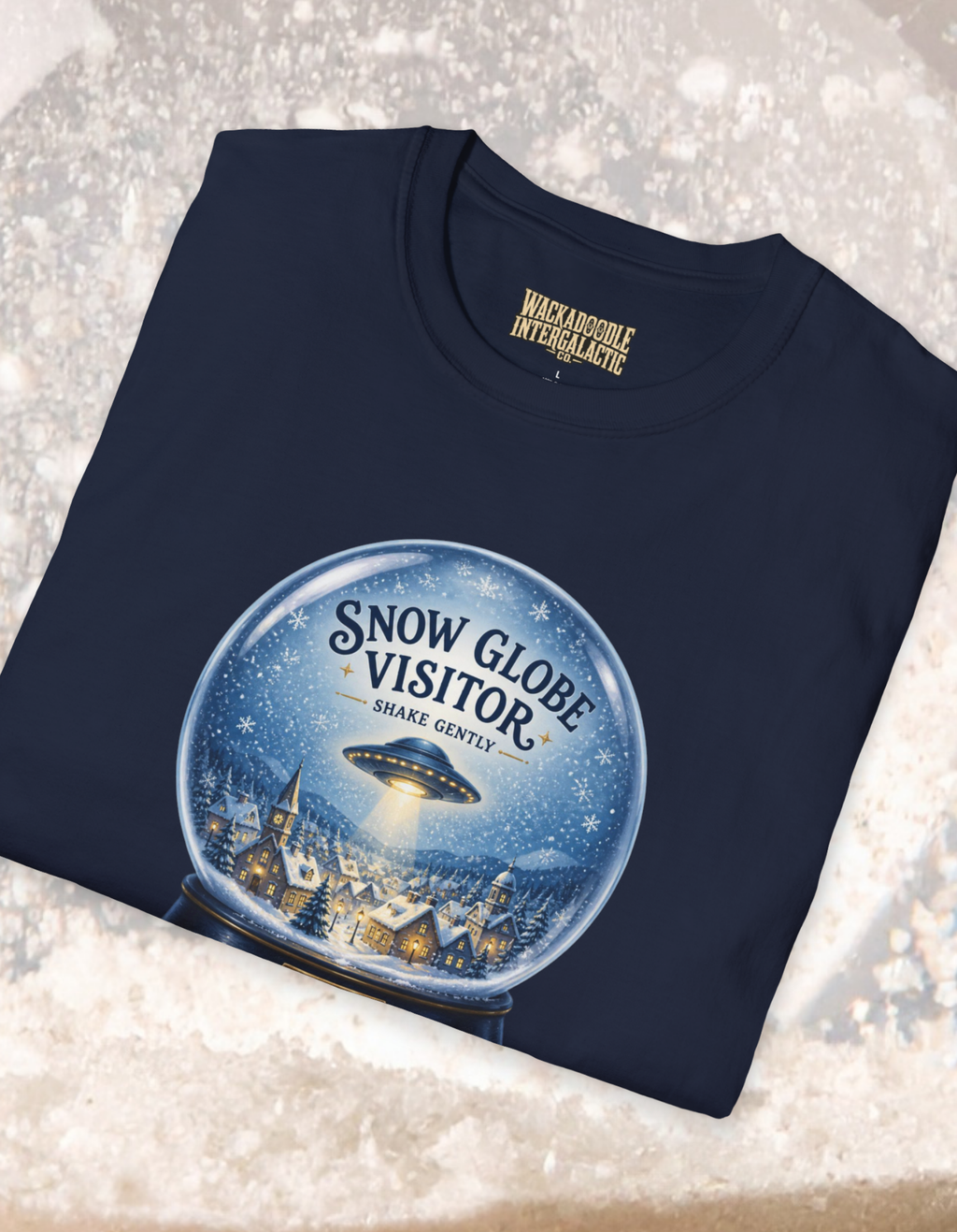 Snow Globe Visitor T-Shirt — Retro UFO Winter Scene Tee