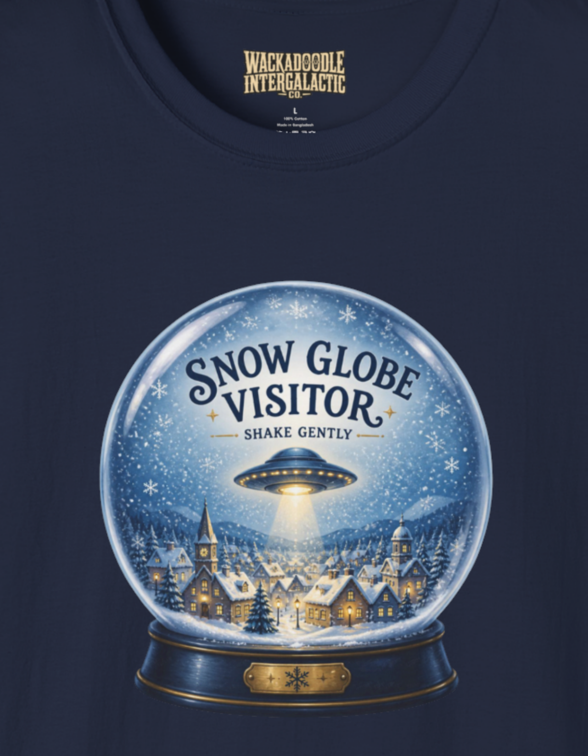 Snow Globe Visitor T-Shirt — Retro UFO Winter Scene Tee