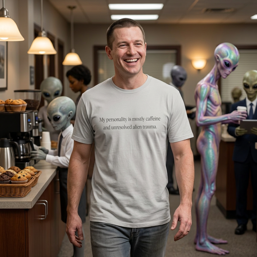 T-Shirt — “My personality is mostly caffeine and unresolved alien trauma.” Funny Graphic Tee