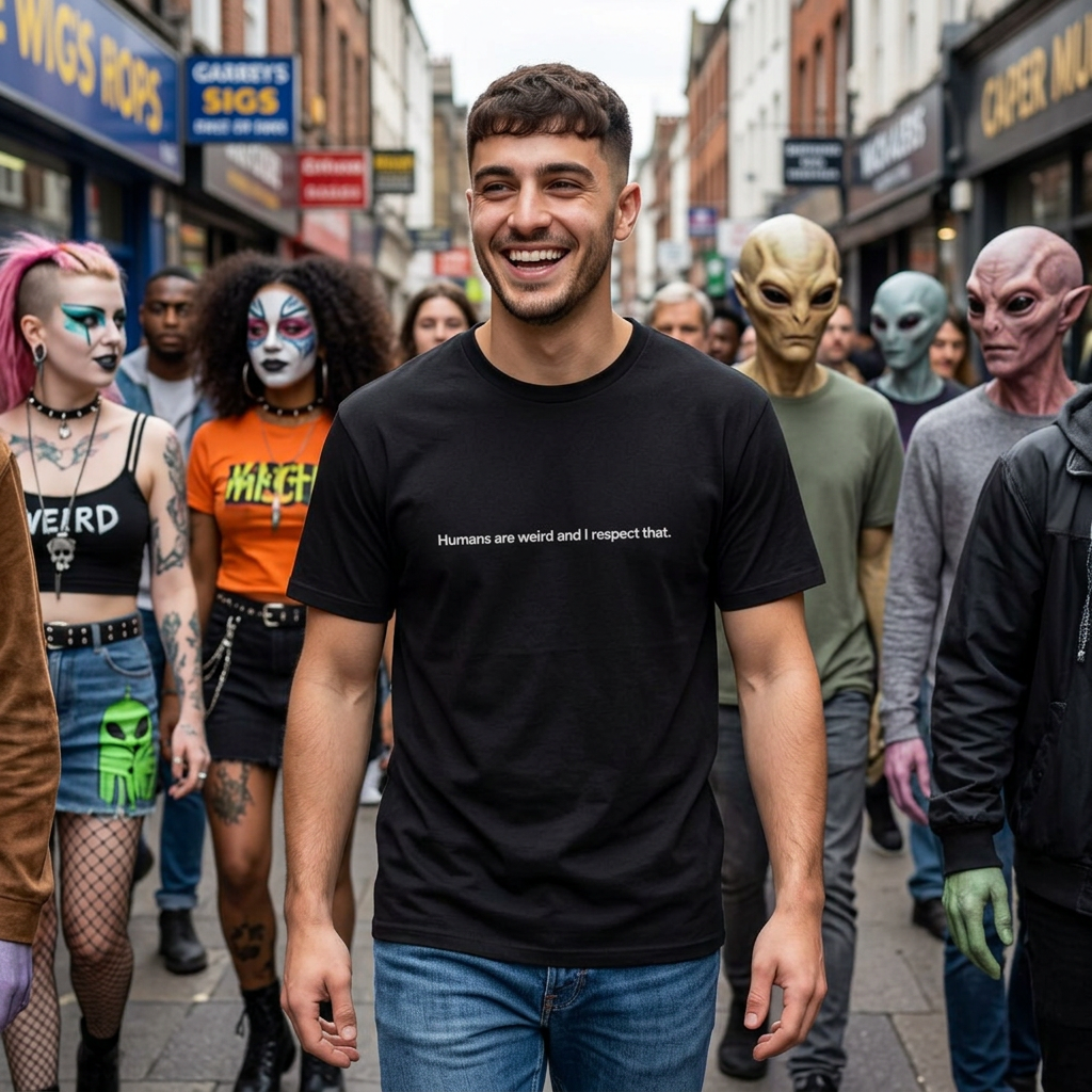 T-Shirt — "Humans are weird and I respect that." Minimalist Statement Tee