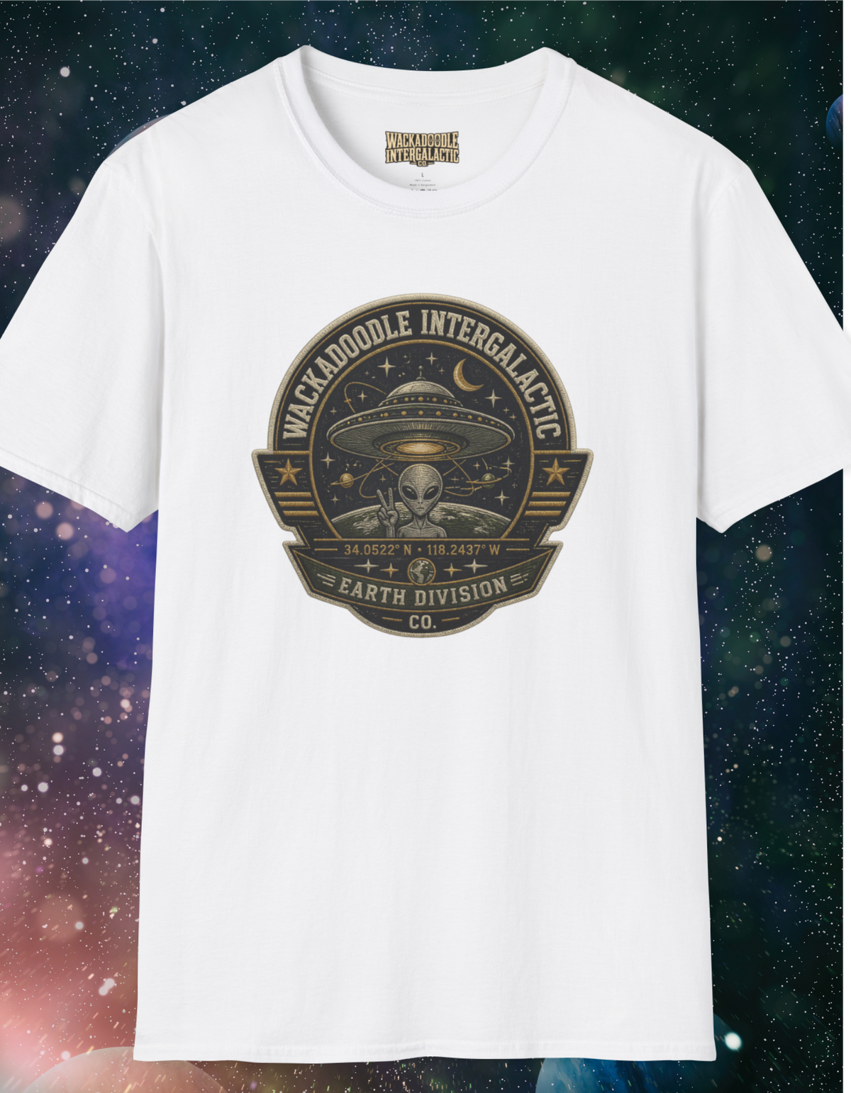 Alien Badge T‑Shirt – “Wackadoodle Intergalactic” Retro UFO Design