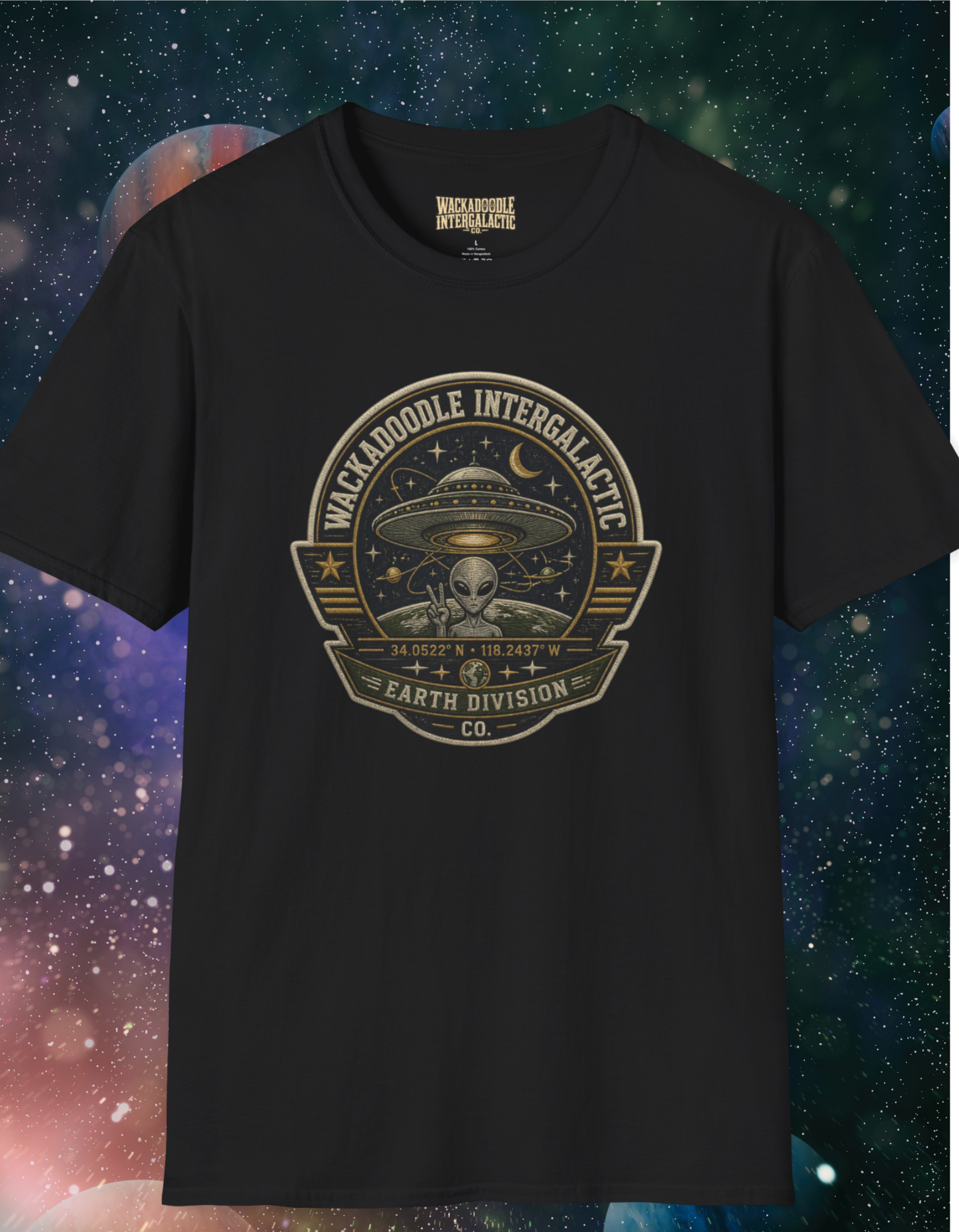 Alien Badge T‑Shirt – “Wackadoodle Intergalactic” Retro UFO Design