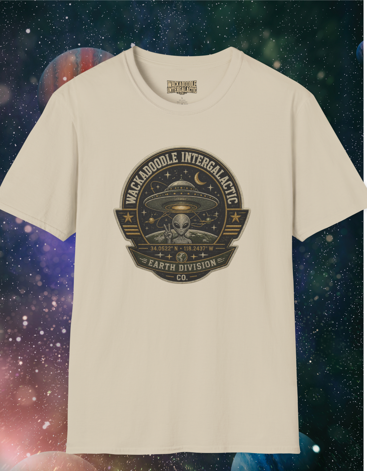 Alien Badge T‑Shirt – “Wackadoodle Intergalactic” Retro UFO Design