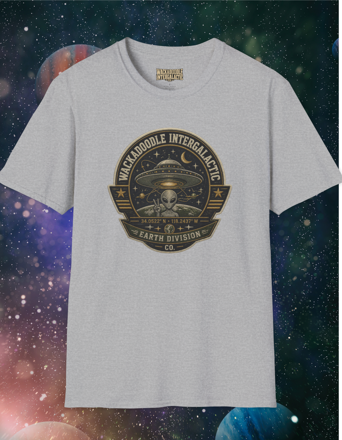 Alien Badge T‑Shirt – “Wackadoodle Intergalactic” Retro UFO Design