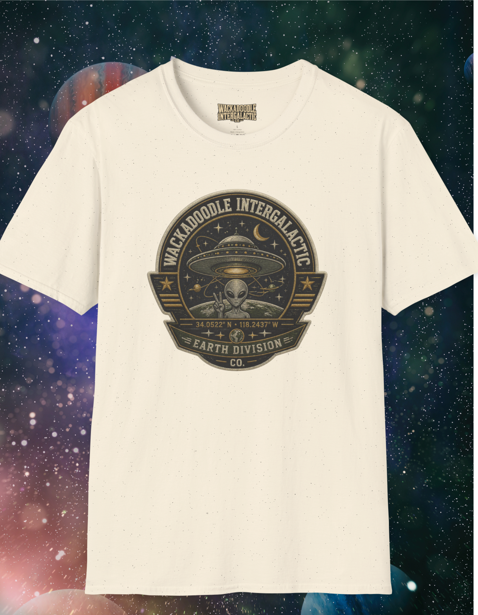 Alien Badge T‑Shirt – “Wackadoodle Intergalactic” Retro UFO Design