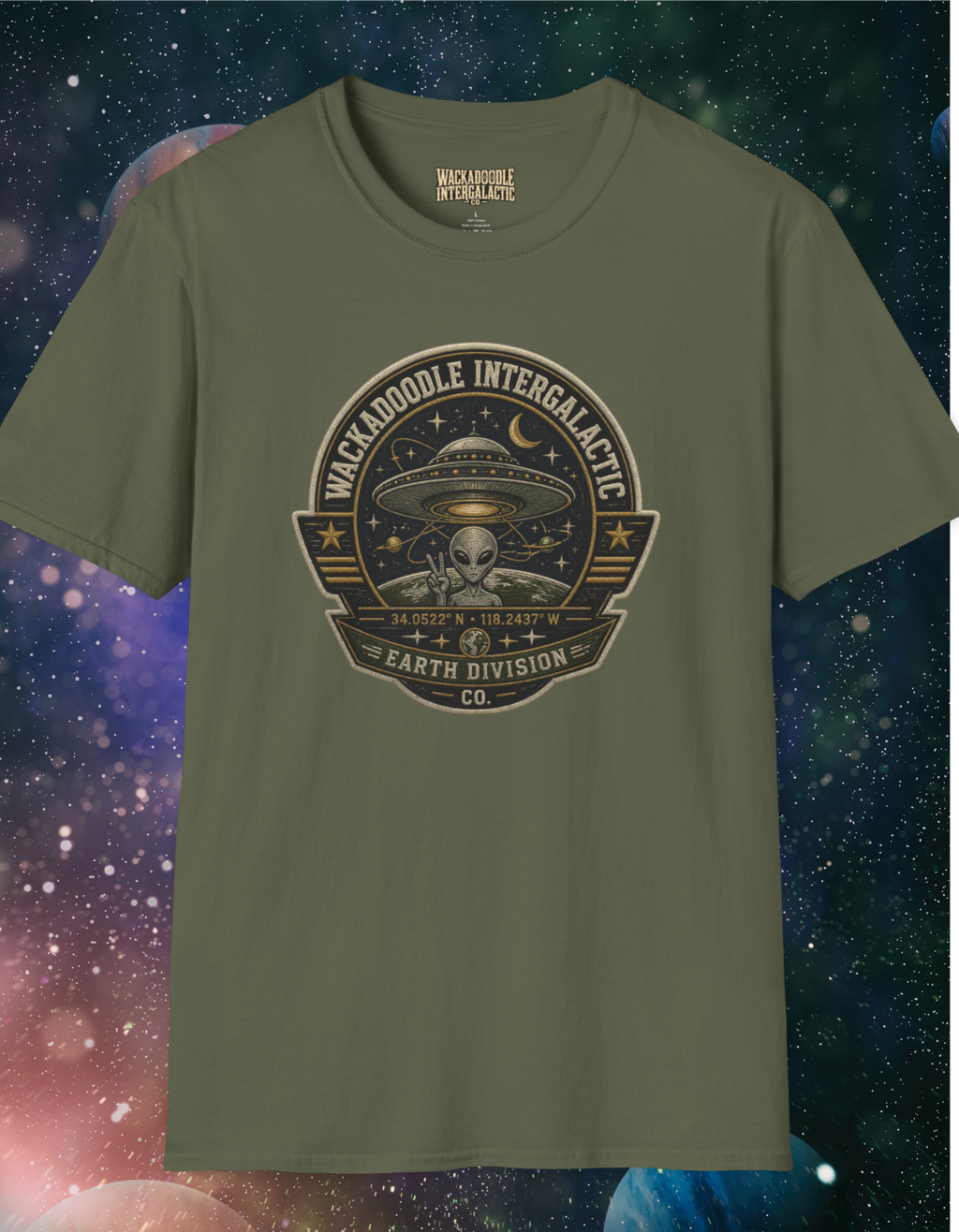 Alien Badge T‑Shirt – “Wackadoodle Intergalactic” Retro UFO Design