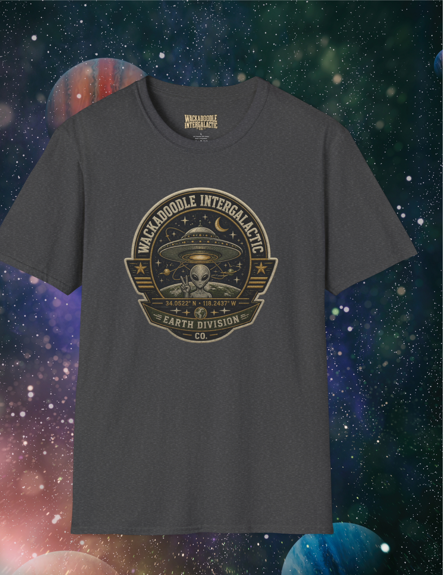 Alien Badge T‑Shirt – “Wackadoodle Intergalactic” Retro UFO Design