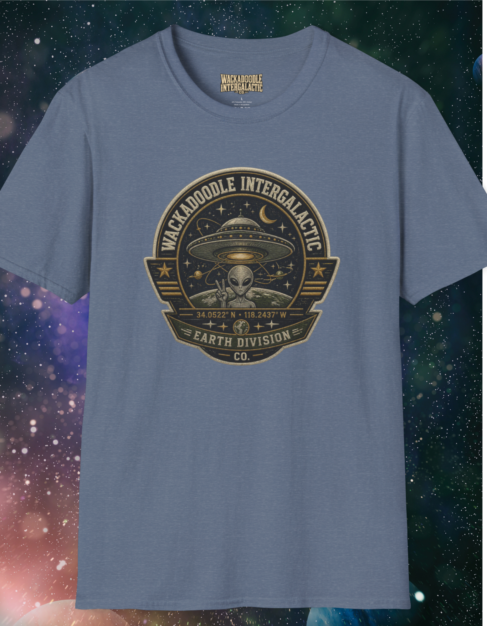 Alien Badge T‑Shirt – “Wackadoodle Intergalactic” Retro UFO Design