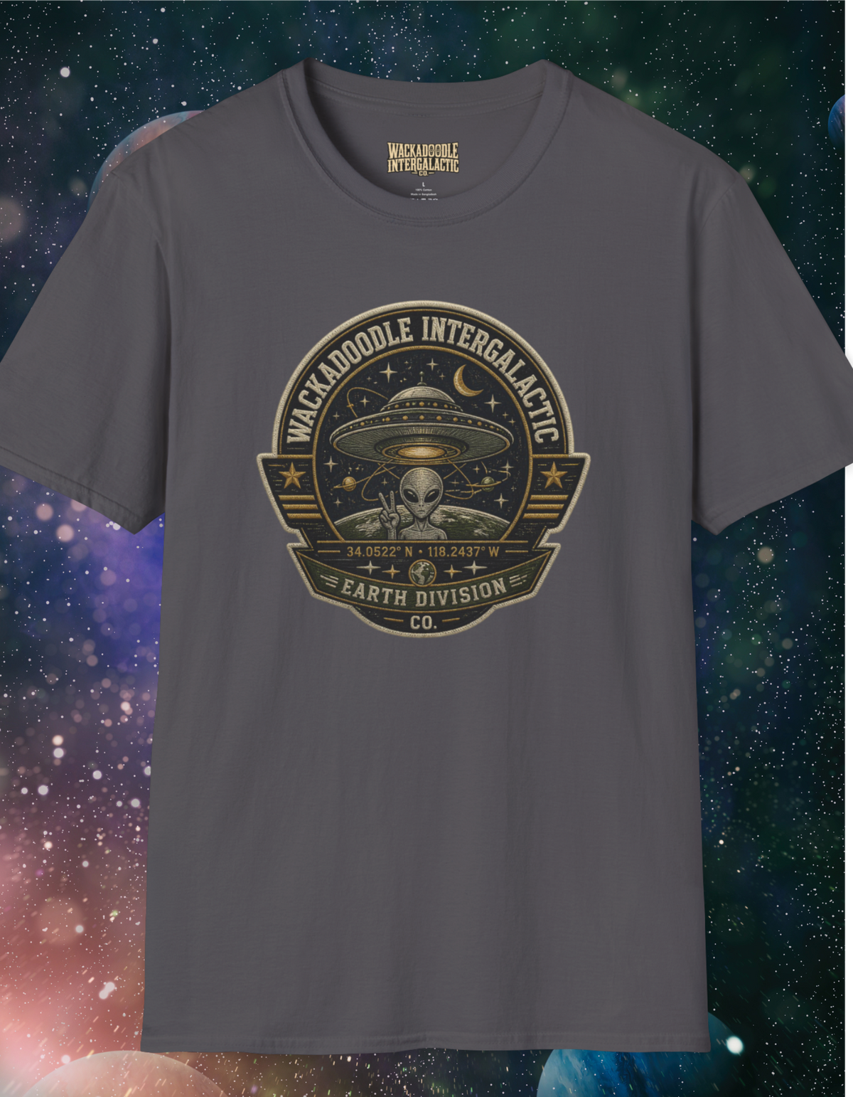 Alien Badge T‑Shirt – “Wackadoodle Intergalactic” Retro UFO Design
