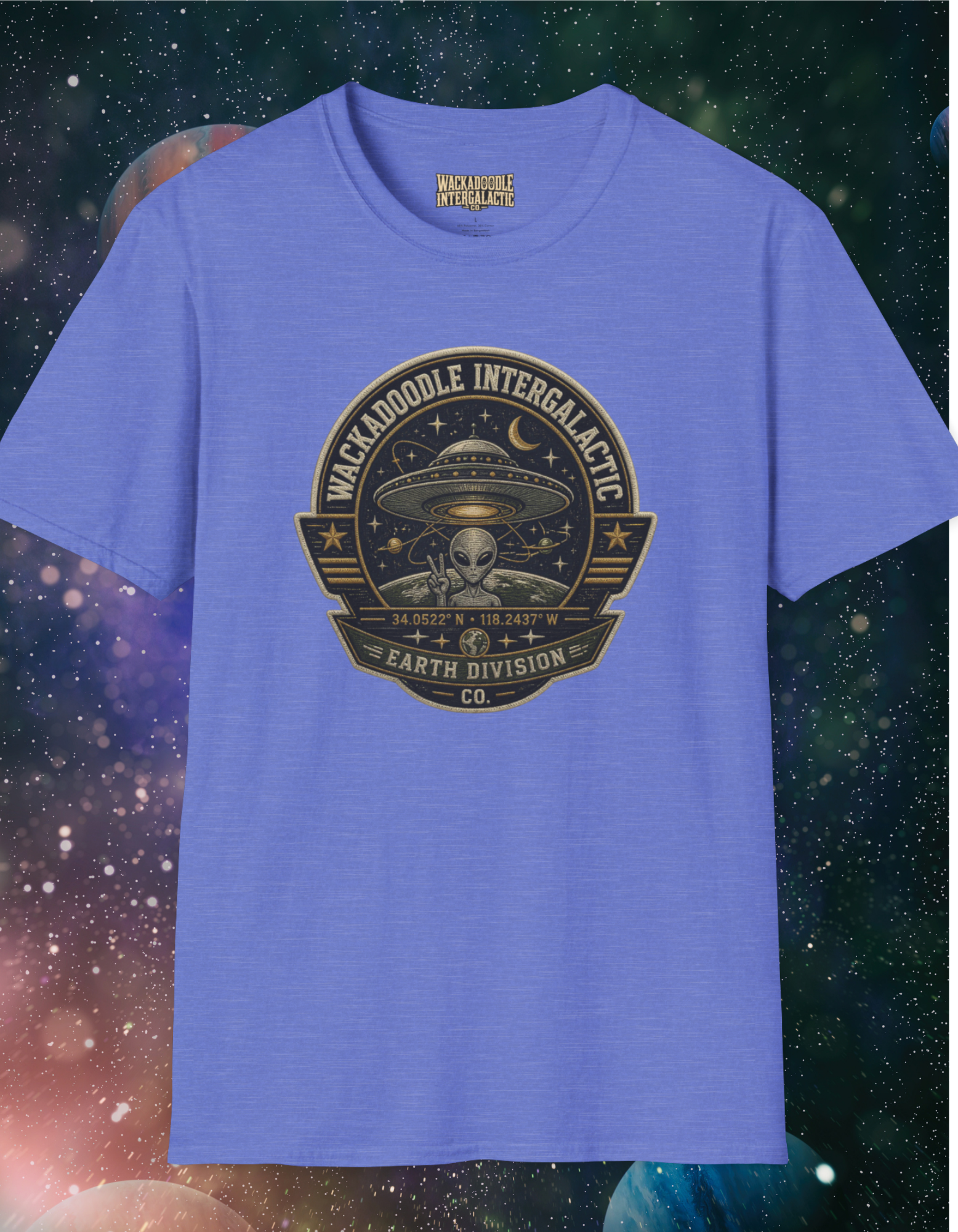 Alien Badge T‑Shirt – “Wackadoodle Intergalactic” Retro UFO Design