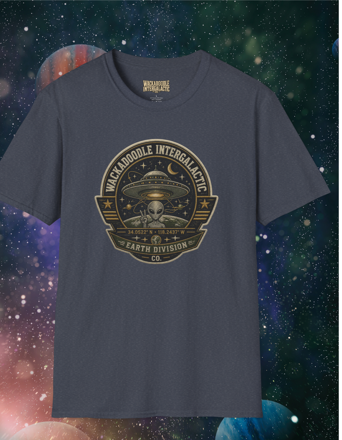 Alien Badge T‑Shirt – “Wackadoodle Intergalactic” Retro UFO Design