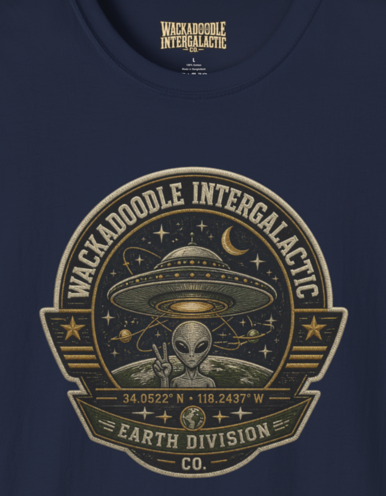 Alien Badge T‑Shirt – “Wackadoodle Intergalactic” Retro UFO Design