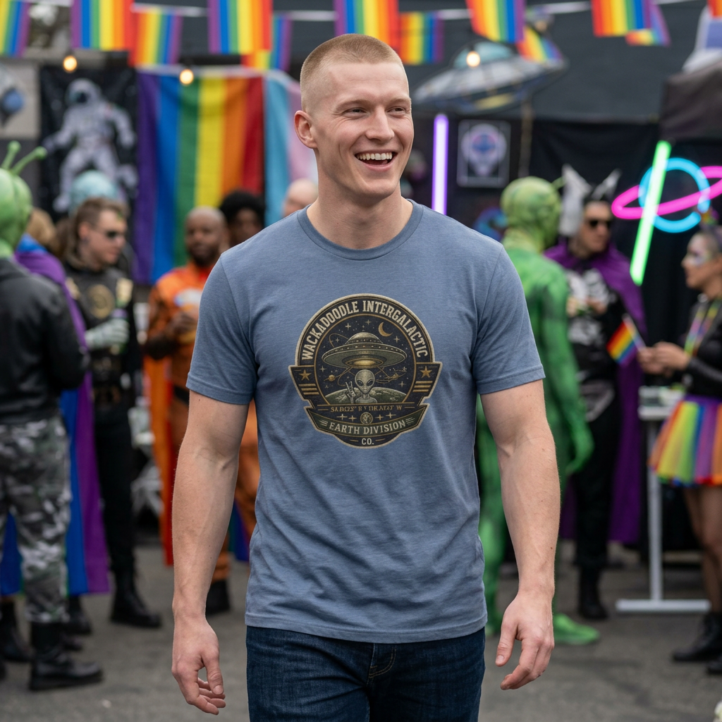 Alien Badge T‑Shirt – “Wackadoodle Intergalactic” Retro UFO Design