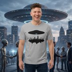 Alien UFO Abducting City Skyline T-Shirt