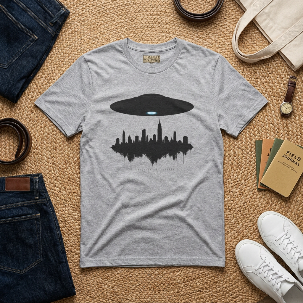 Alien UFO Abducting City Skyline T-Shirt