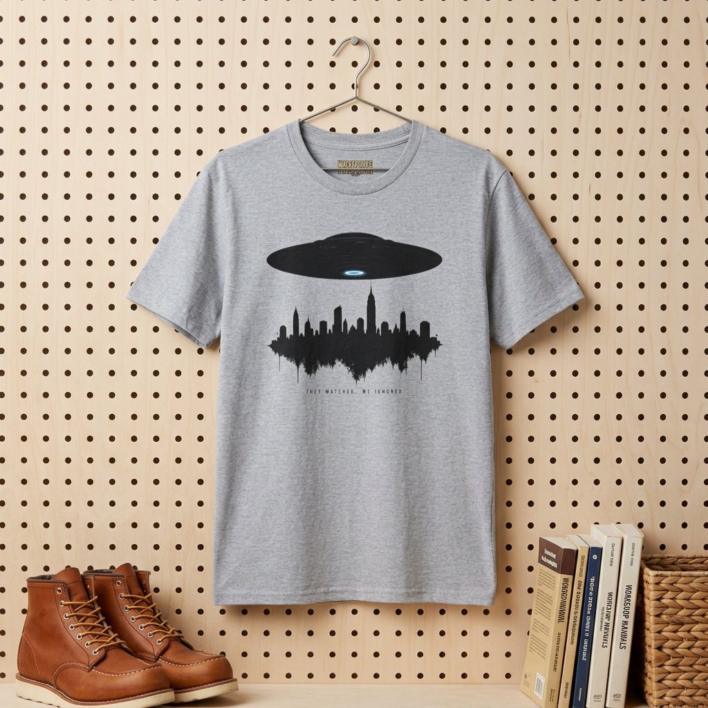 Alien UFO Abducting City Skyline T-Shirt