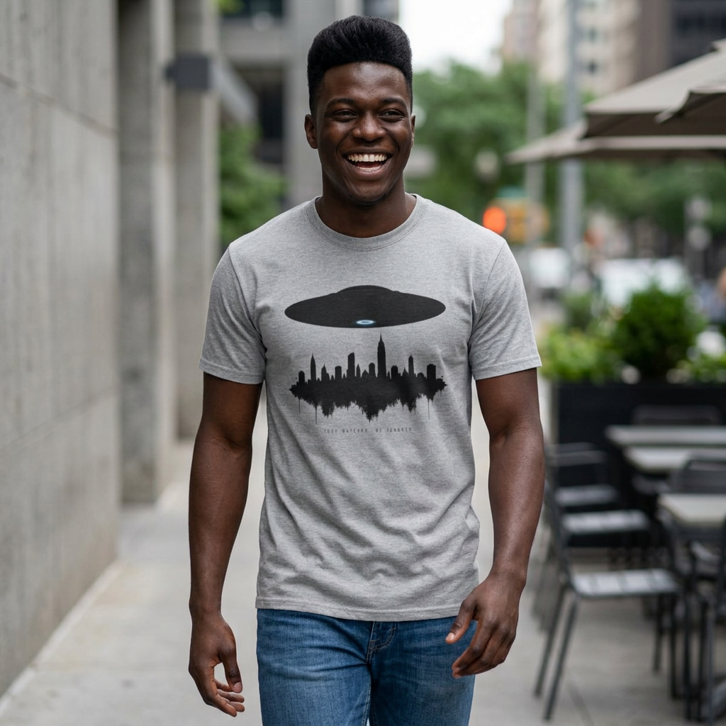Alien UFO Abducting City Skyline T-Shirt