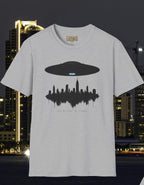 Alien UFO Abducting City Skyline T-Shirt