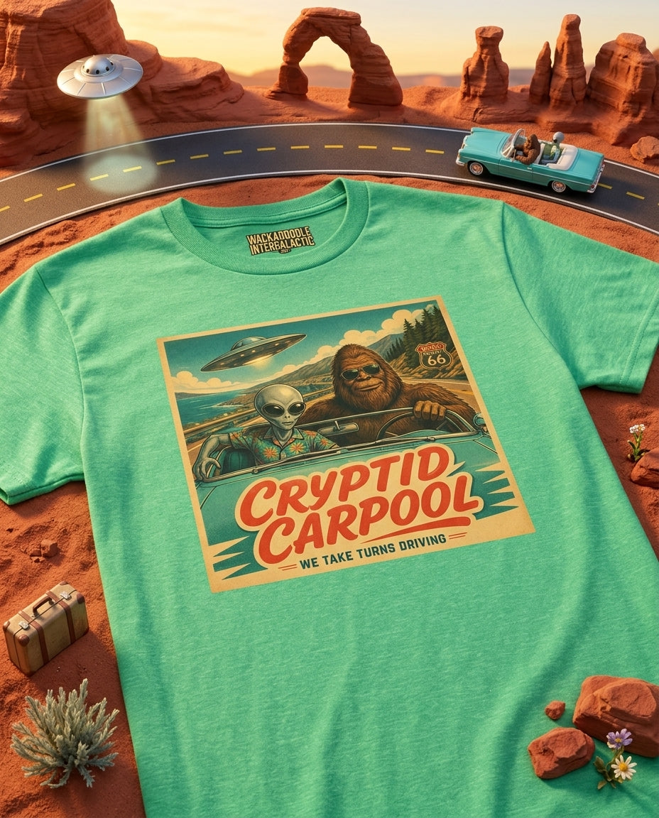 Cryptid Carpool Vintage Alien & Bigfoot Retro Graphic Tee