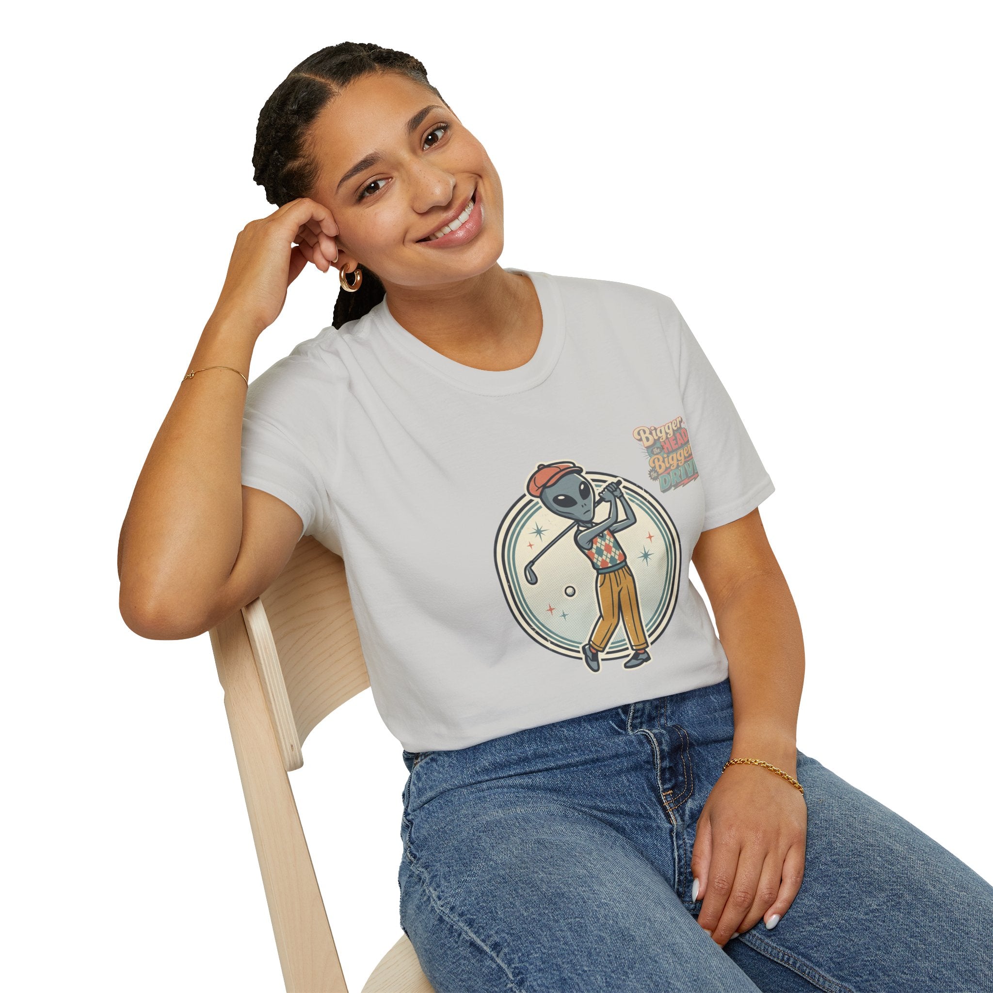Alien Golfer T‑Shirt : The Bigger the Head, The Bigger the Drive"— Vintage Space Golf Graphic Tee