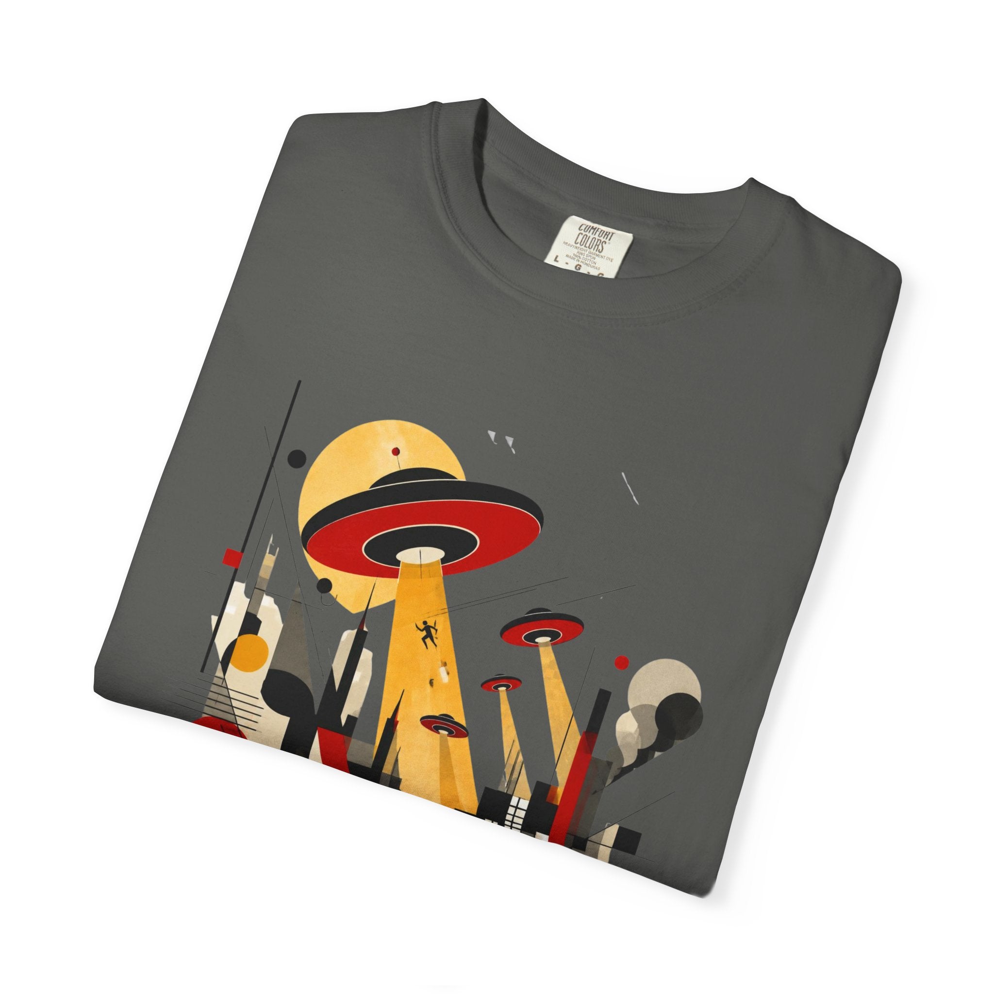 Alien Invasion Bauhaus Graphic T-Shirt — Retro Sci‑Fi Cityscape Design