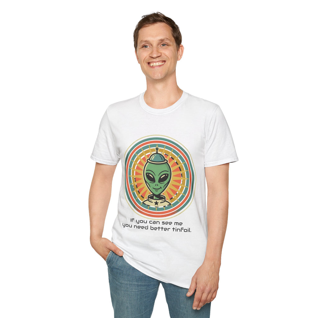 Alien Graphic T-Shirt — Retro Green Alien with Rainbow Halo ("If you can see me you need better tinfoil")