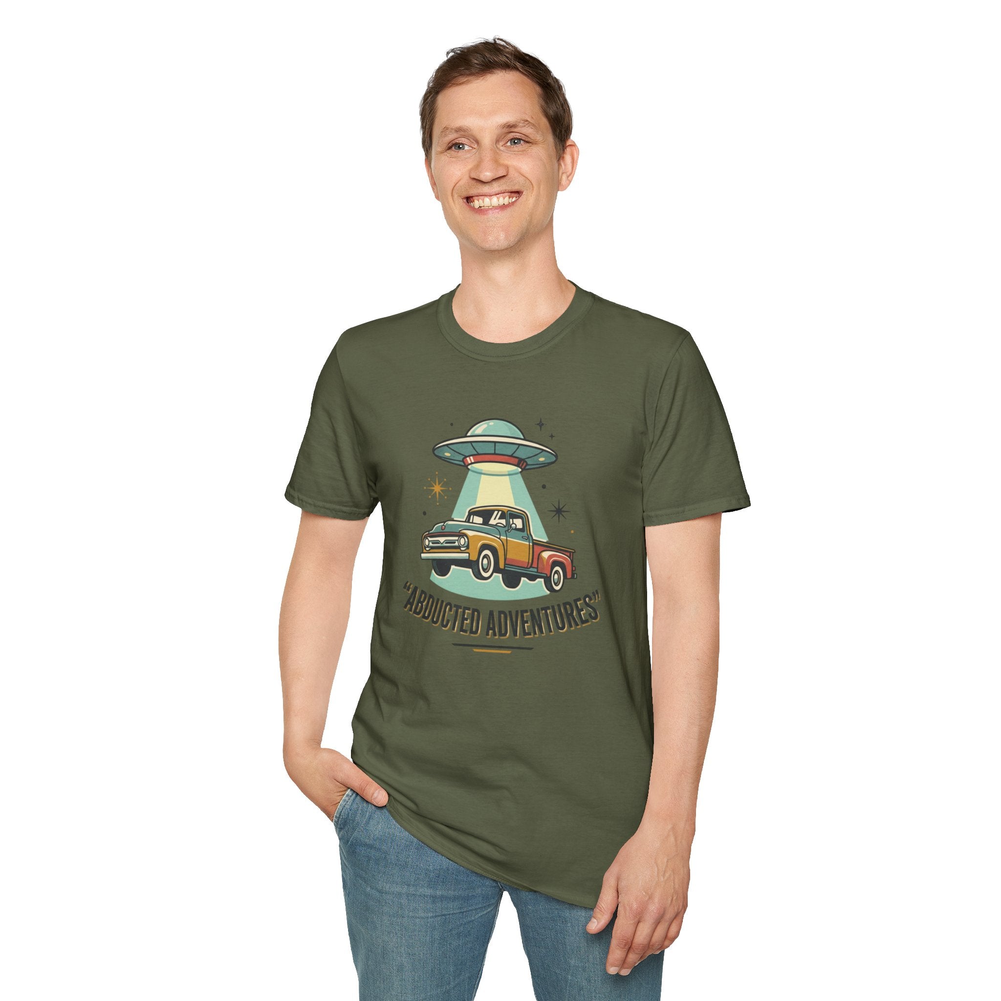 Abducted Adventures T-Shirt — Retro UFO Truck Graphic Tee