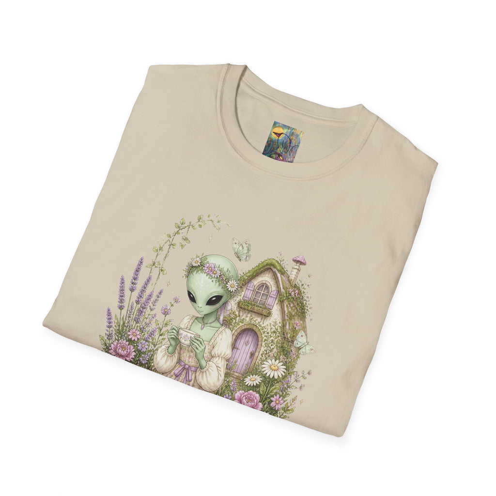 Alien Cottage Tee — Whimsical Floral Alien Garden T-Shirt
