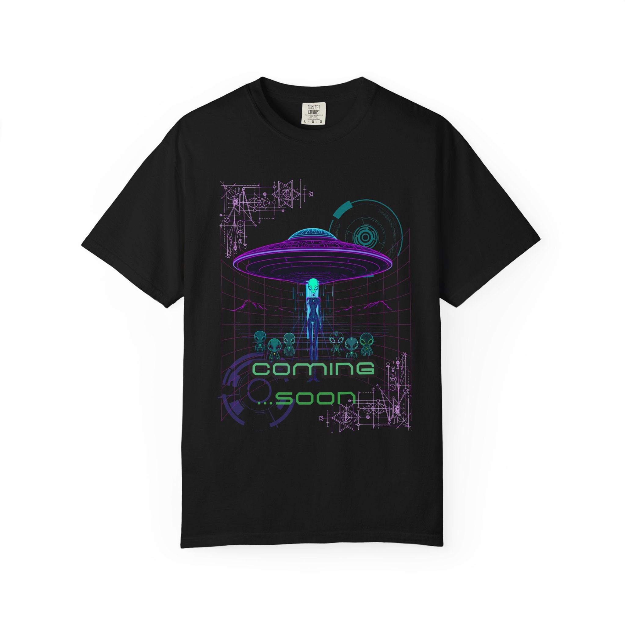 Coming Soon Alien UFO T-Shirt — Retro Neon Alien Abduction Tee