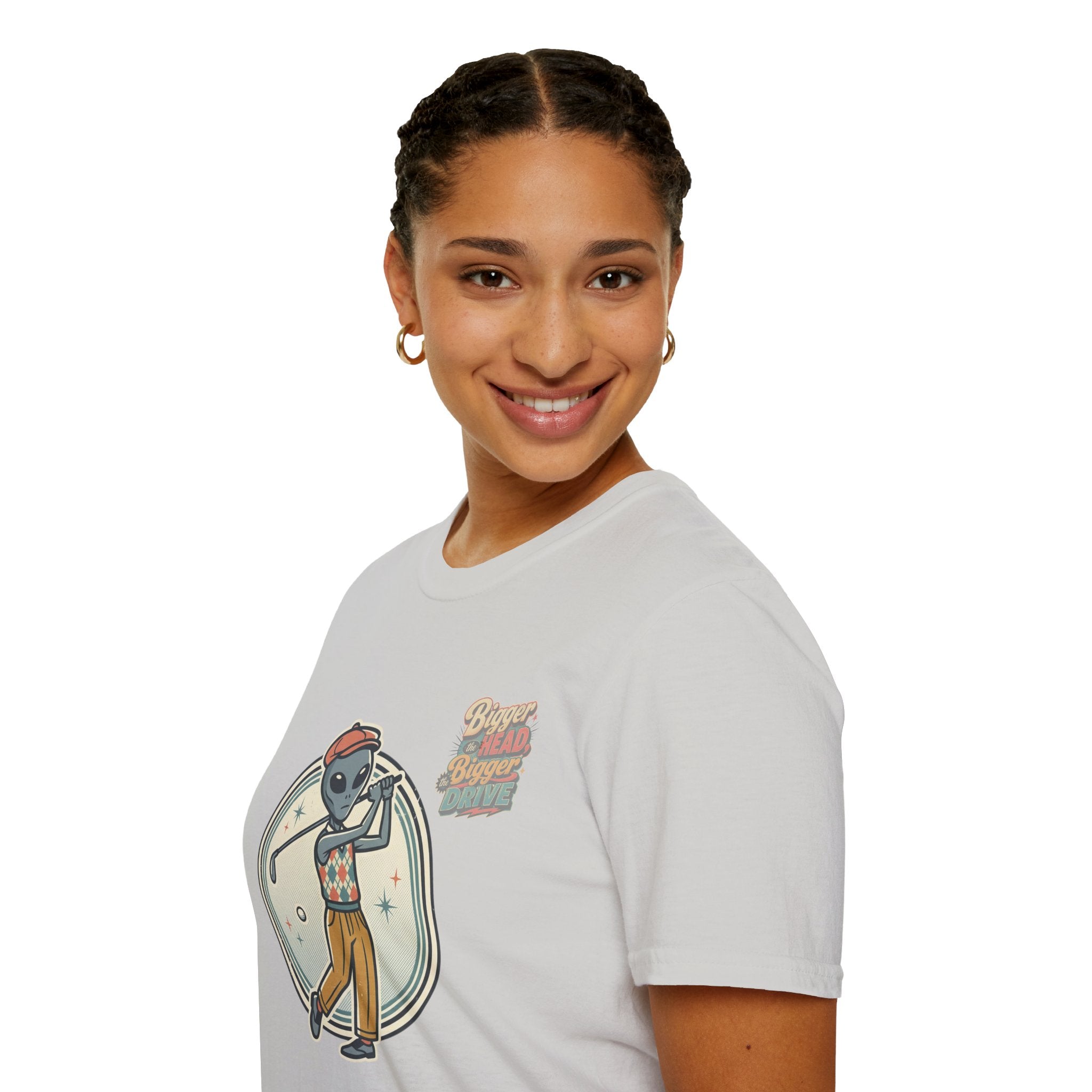 Alien Golfer T‑Shirt : The Bigger the Head, The Bigger the Drive"— Vintage Space Golf Graphic Tee