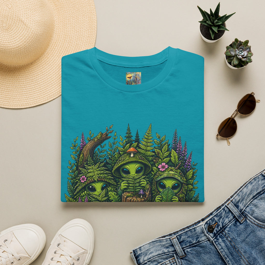 Alien Forest T-Shirt — Cute Green UFO Creatures with Mushrooms & Flowers
