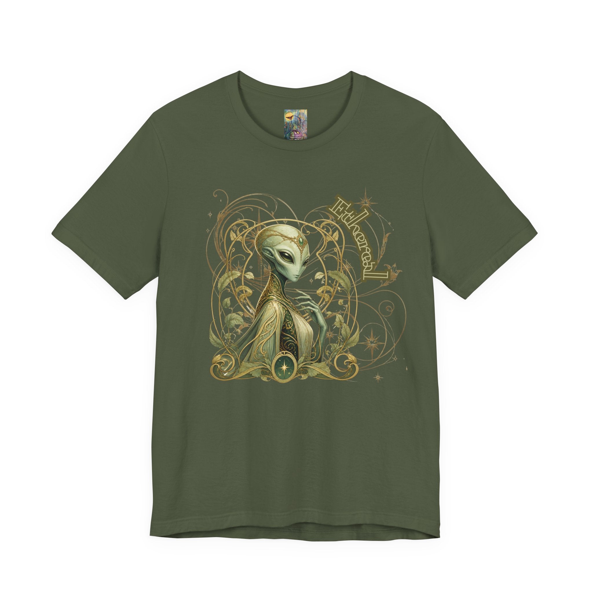Alien Art Noveau Embrace T-Shirt — Mystical Green Alien Graphic Tee for Sci‑Fi Fans