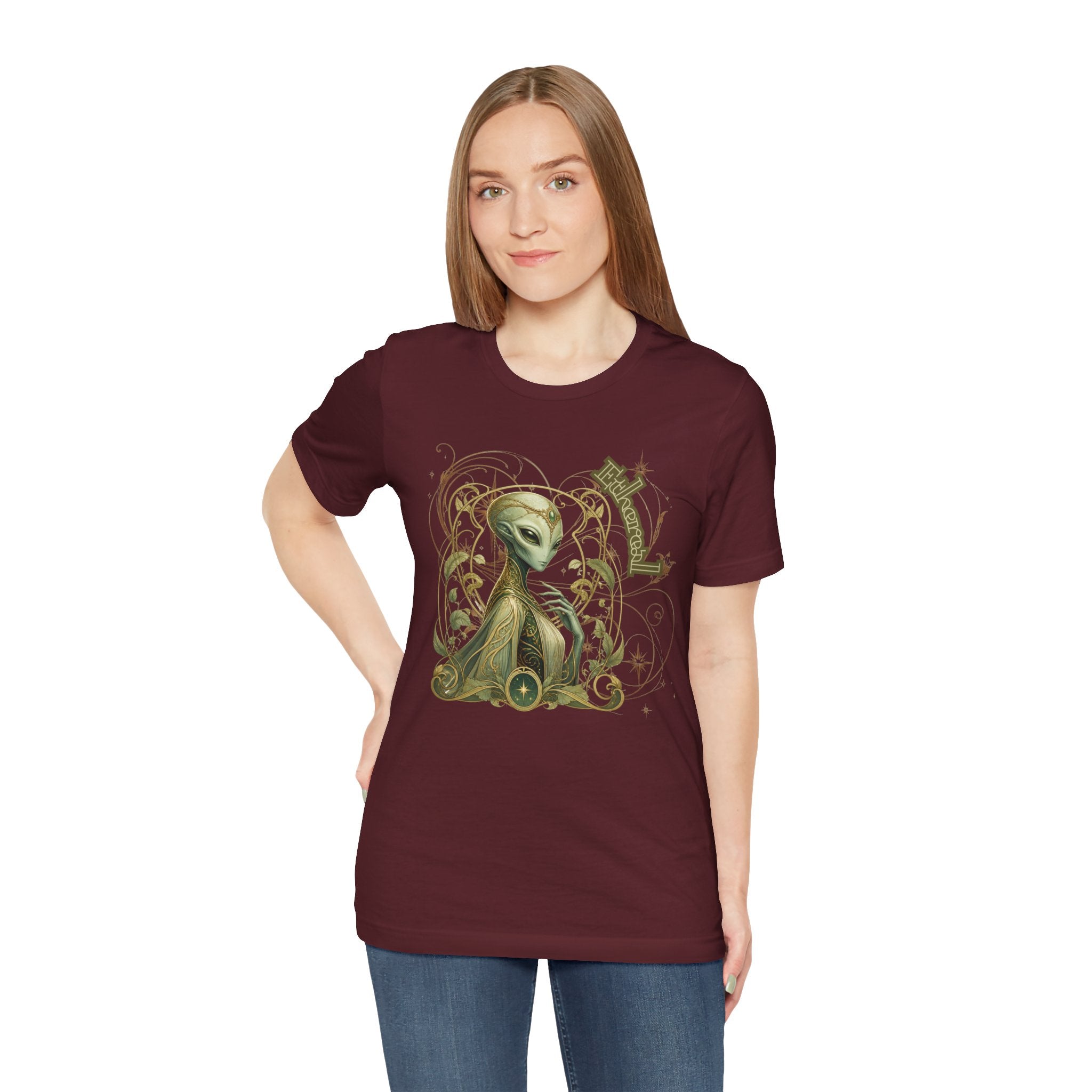Alien Art Noveau Embrace T-Shirt — Mystical Green Alien Graphic Tee for Sci‑Fi Fans