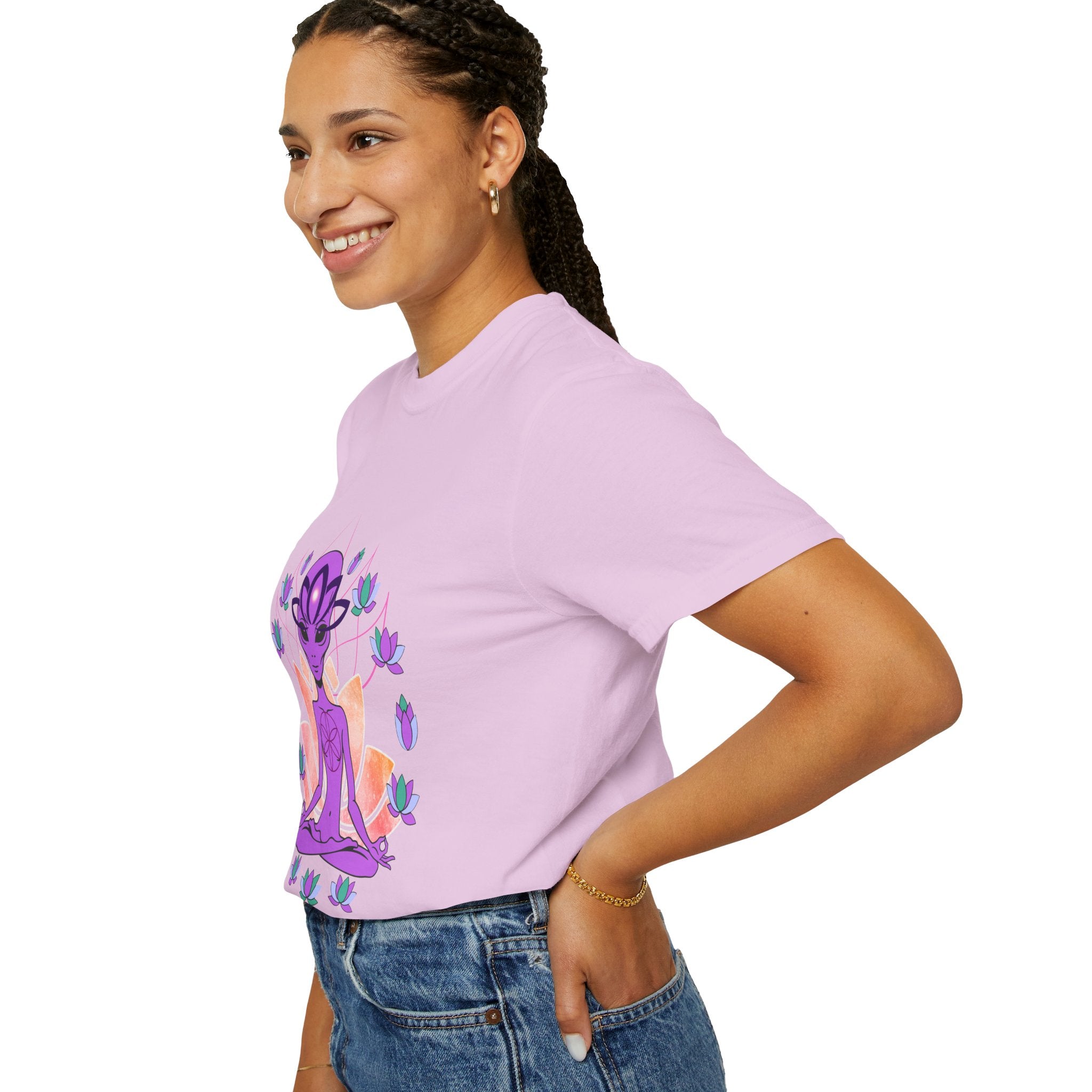 Alien Yoga T-Shirt — Purple Meditating Alien Lotus Tee