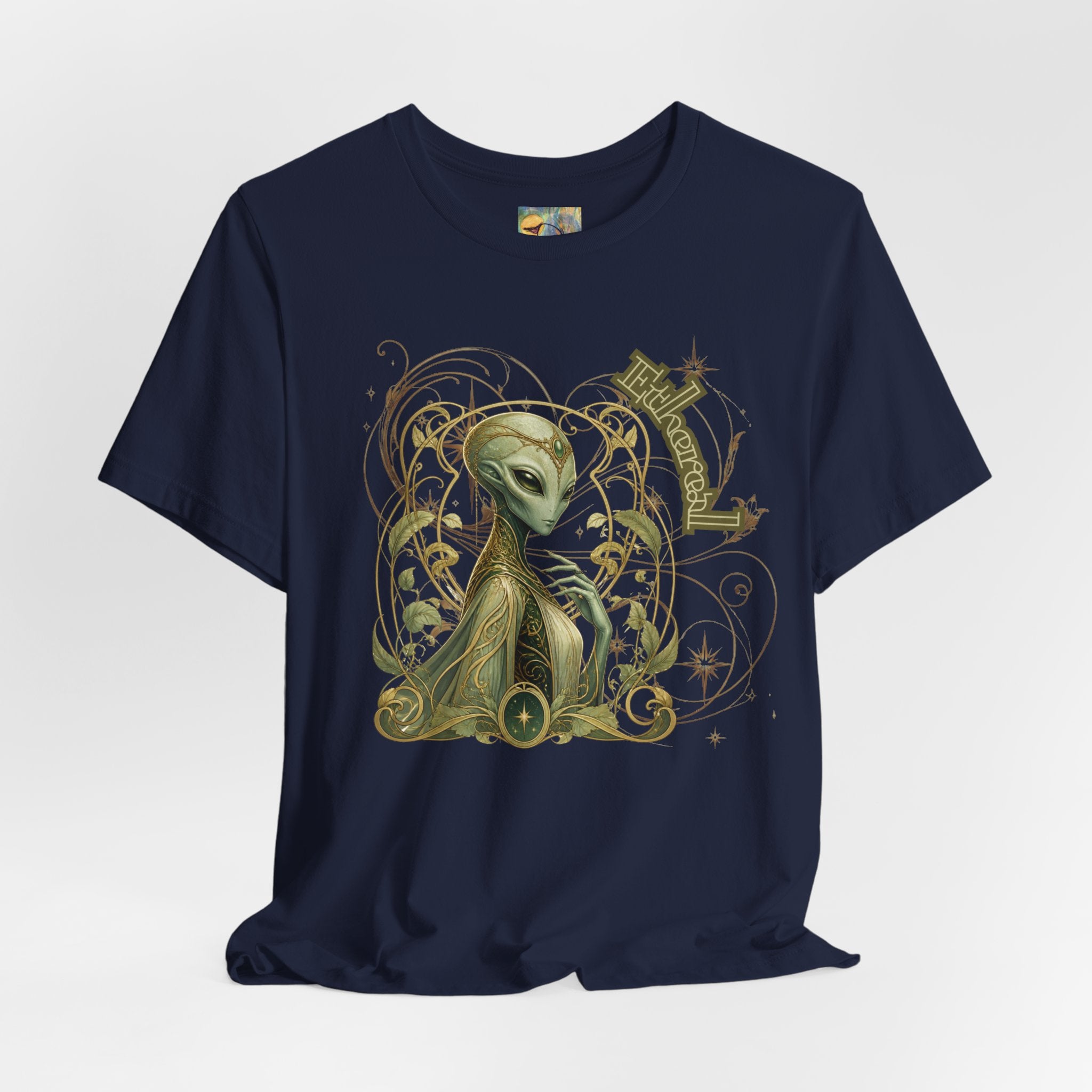 Alien Art Noveau Embrace T-Shirt — Mystical Green Alien Graphic Tee for Sci‑Fi Fans