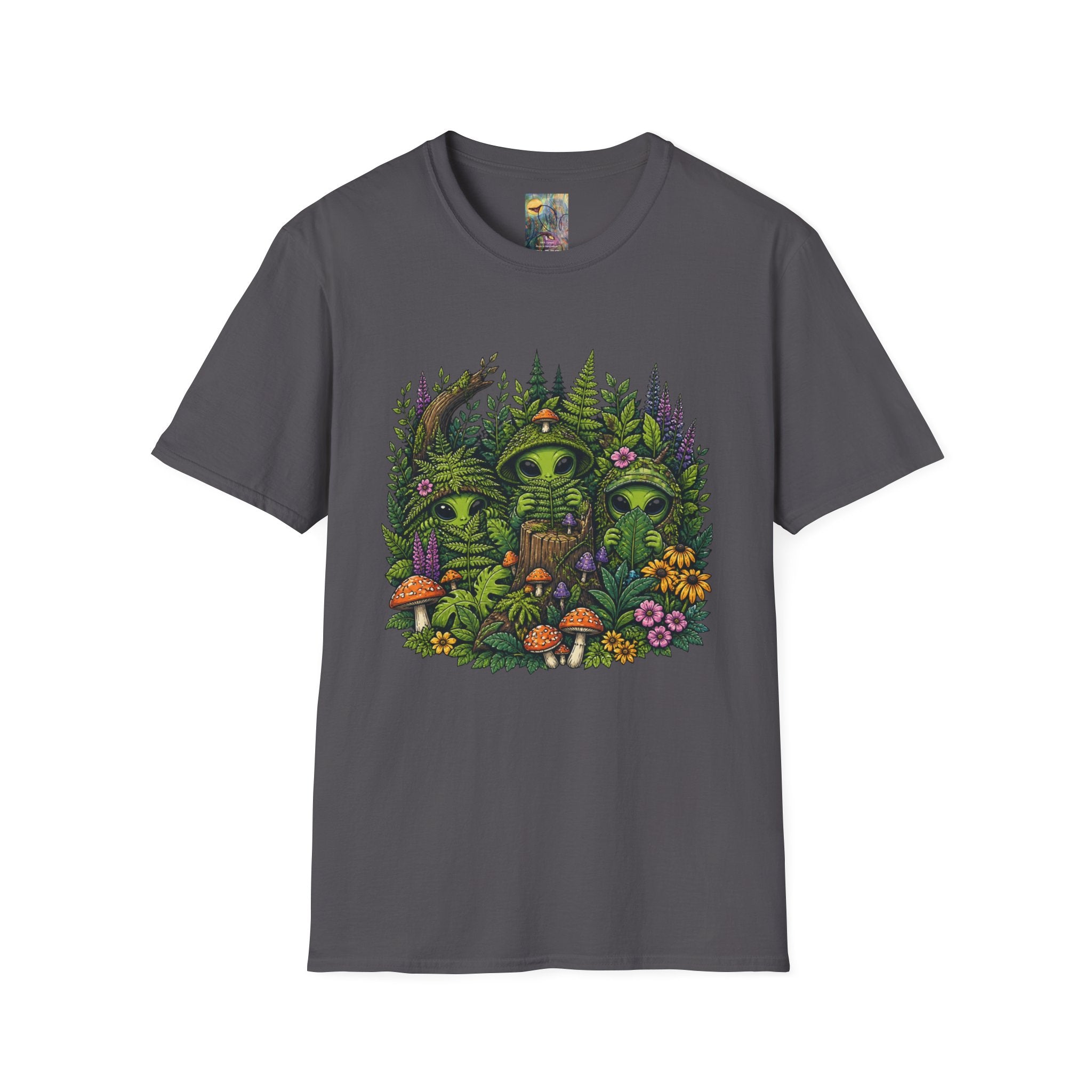 Alien Forest T-Shirt — Cute Green UFO Creatures with Mushrooms & Flowers