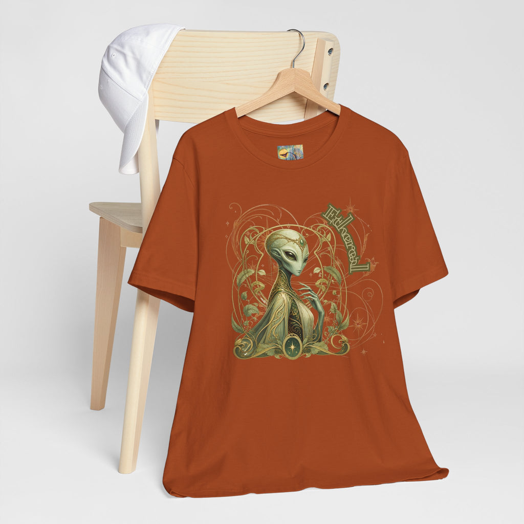 Alien Art Noveau Embrace T-Shirt — Mystical Green Alien Graphic Tee for Sci‑Fi Fans