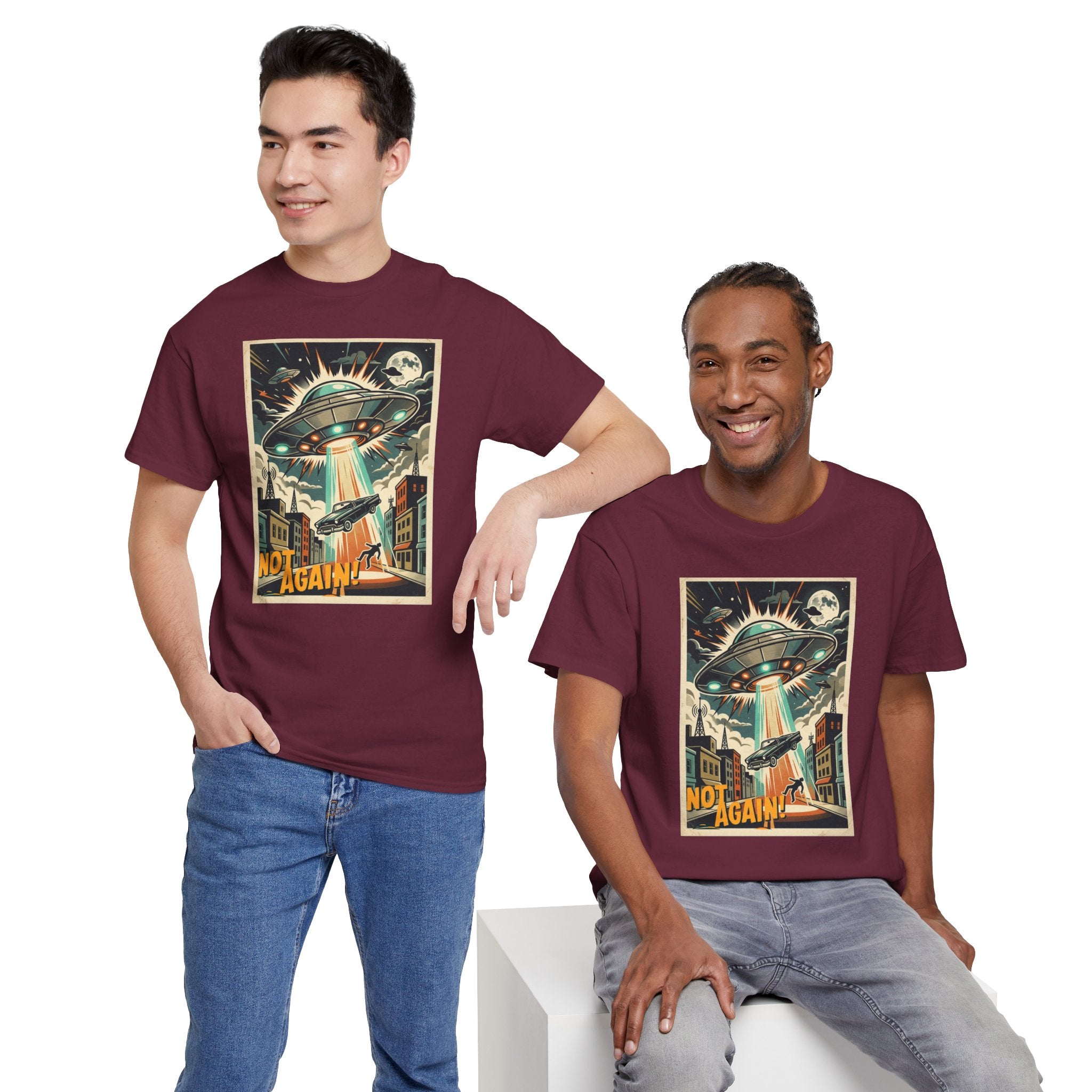 Pop Sci-fi Alien Invasion T-Shirt — Vintage UFO 'Not Again!' Graphic Tee