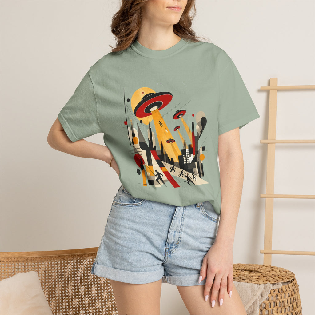 Alien Invasion Bauhaus Graphic T-Shirt — Retro Sci‑Fi Cityscape Design