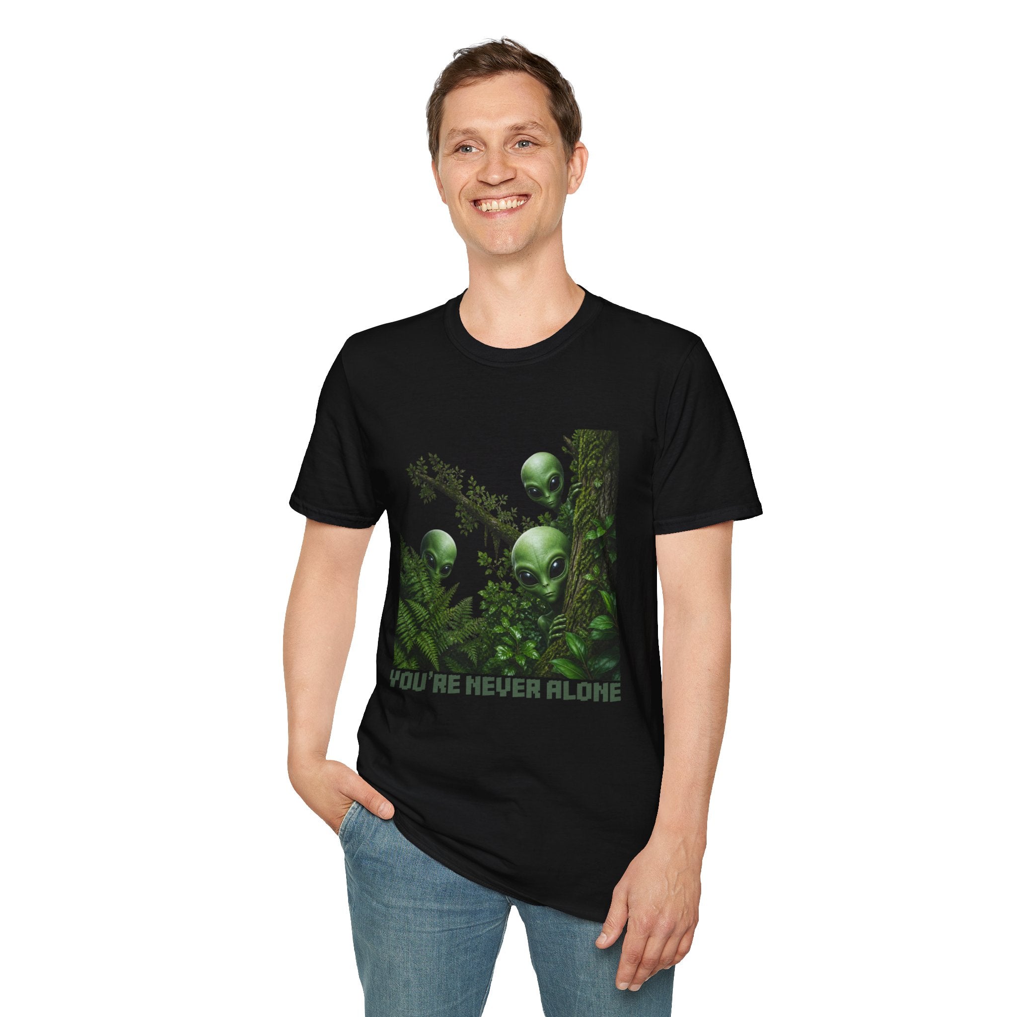 Alien Friends T‑Shirt — "You're Never Alone" Green Extraterrestrial Graphic Tee