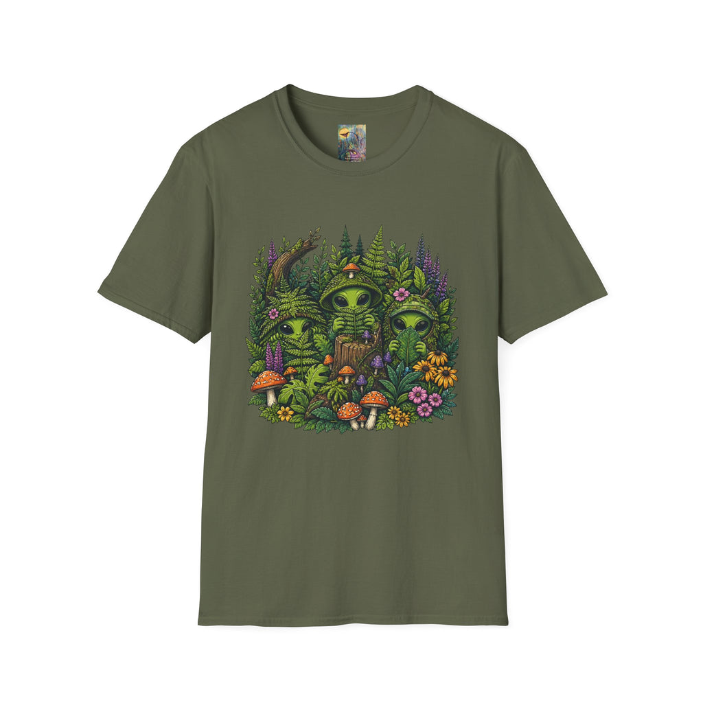 Alien Forest T-Shirt — Cute Green UFO Creatures with Mushrooms & Flowers
