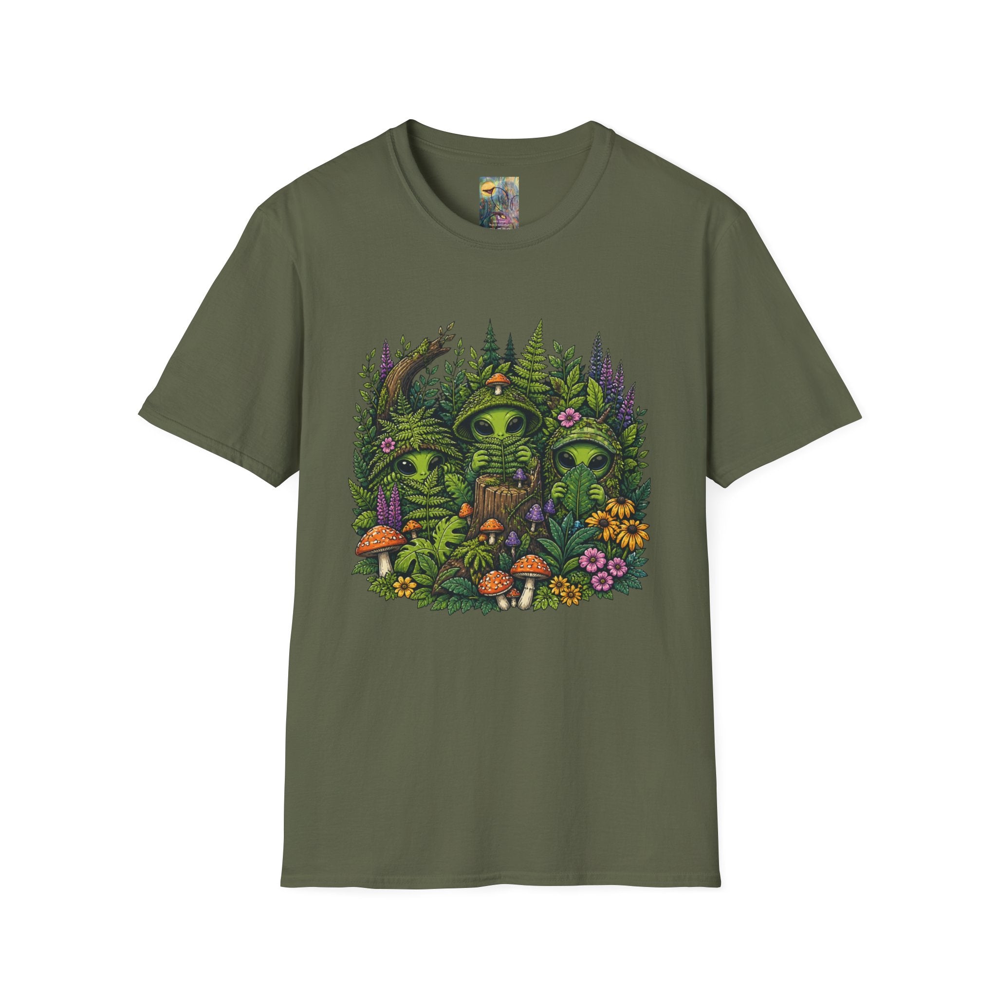 Alien Forest T-Shirt — Cute Green UFO Creatures with Mushrooms & Flowers