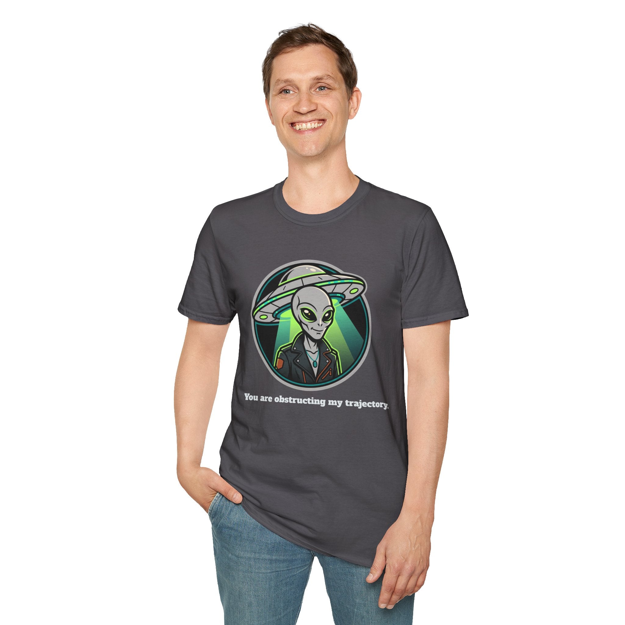 Alien UFO Graphic T-Shirt "You are blocking my trajectory" — Retro Green Extraterrestrial Design