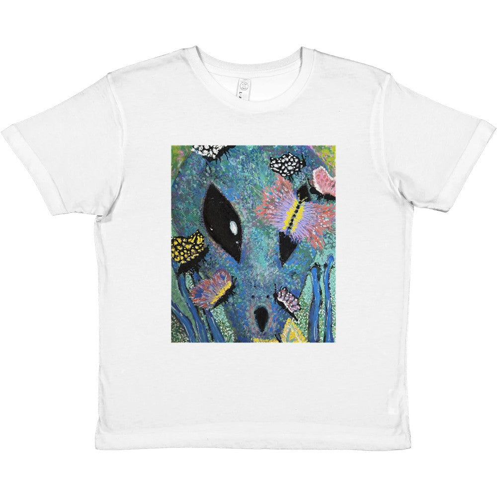 Confused alien scientist and butterflies kids t-shirt front view